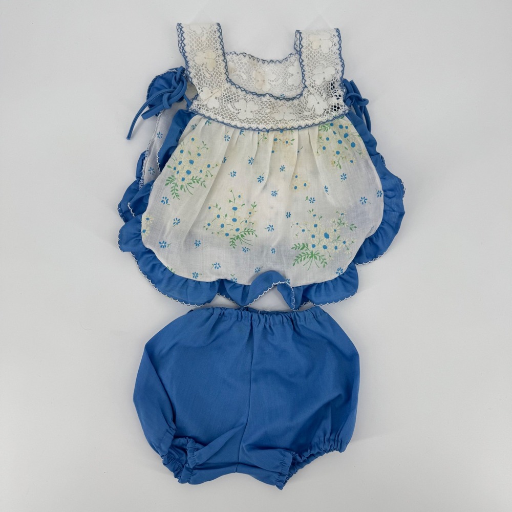 Vintage Infant Girls Blue Floral Lace Pinafore Top and Bloomers Set 9 Months USA